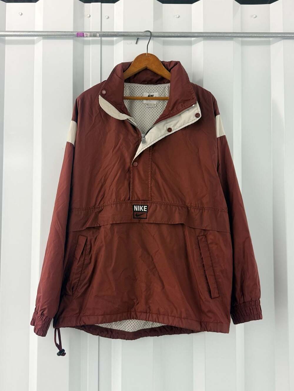 VTG Nike Anorak Windbreaker Jacket MenM Brown Maroon Swoosh Box Logo Pullover